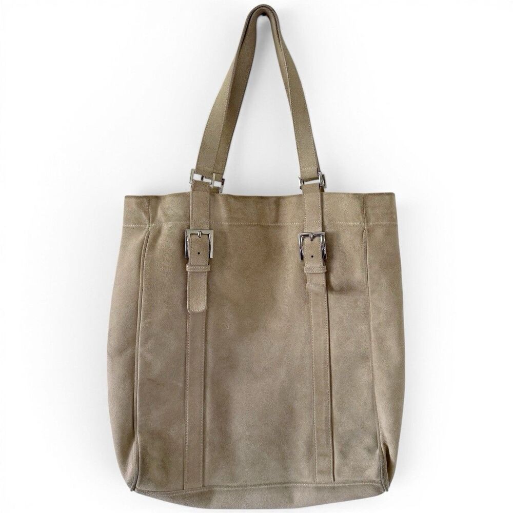 Vtg Y2K Suede Leather Tote Buckle Minimalist Tan Beige Bag Purse Boho Hippie